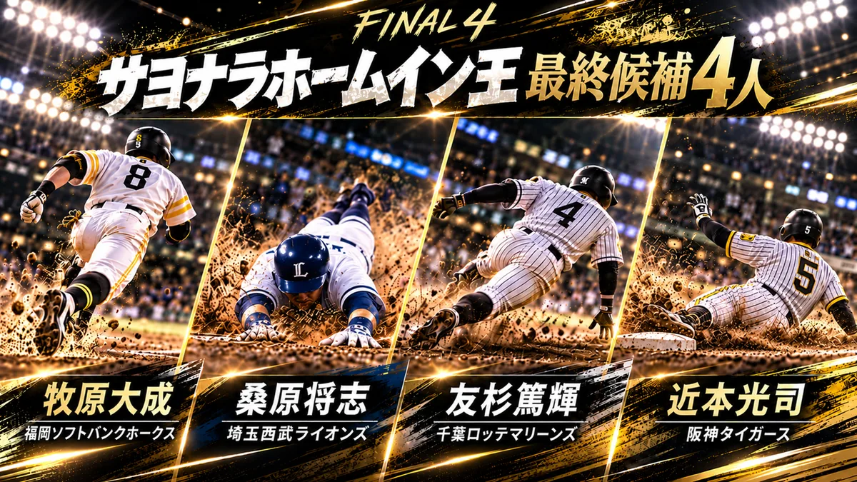 2026年サヨナラホームイン王の最終候補、牧原大成・桑原将志・友杉篤輝・近本光司の4人